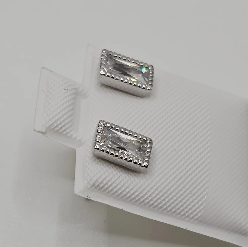 Sterling Silver 925 Rhodium Plated Rectangle Clear CZ Stud Earrings